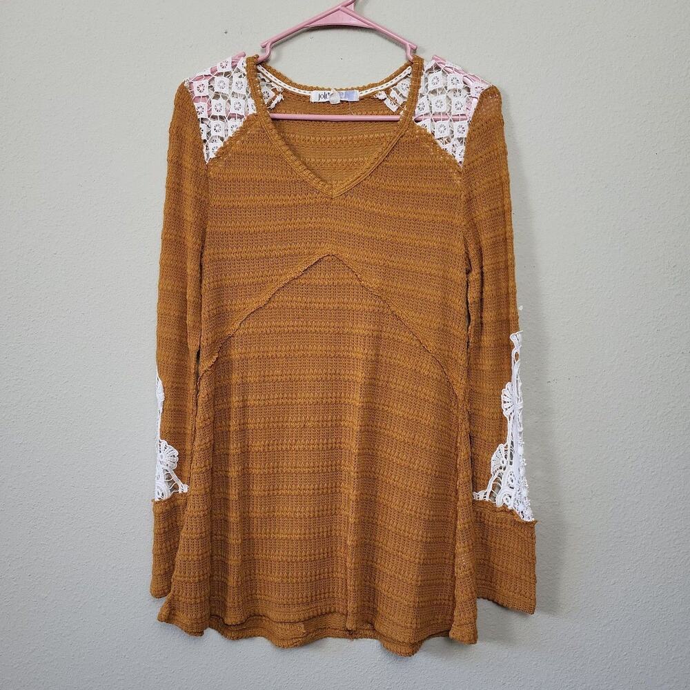 Jolt‎ Women's S Loose Knit Thermal Henley Golden With Lace Crochet Cottagecore